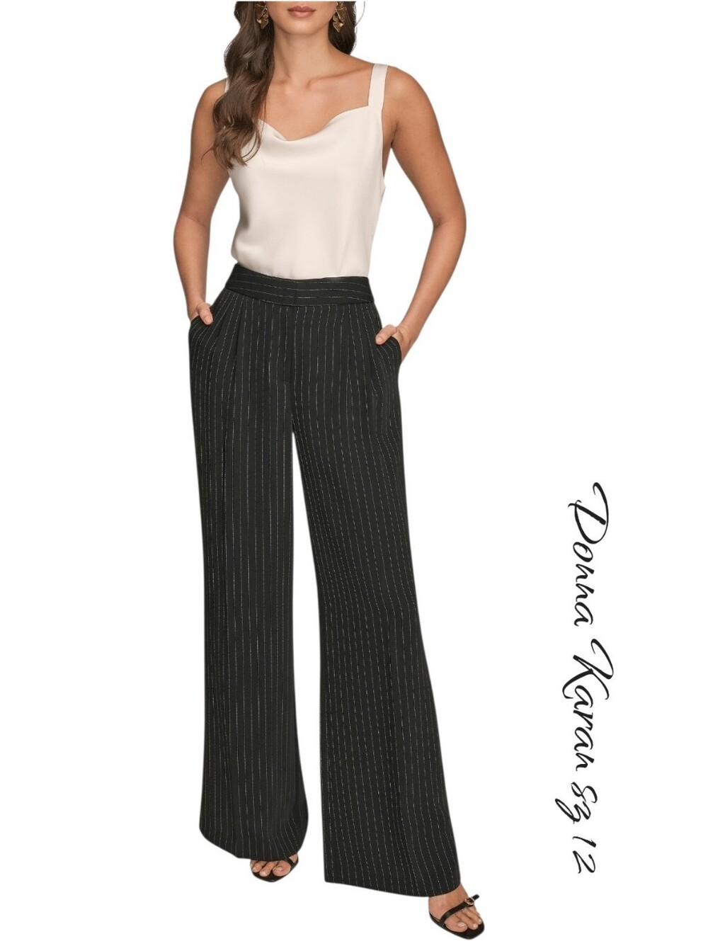 Donna Karan NY Navy Blue Pinstripe High Waist Wide Leg Pleated Trousers Pants 12